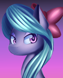 Size: 1280x1586 | Tagged: safe, artist:kawaiipony2, flitter, pony, bow, bust, female, gradient background, hair bow, lidded eyes, looking at you, mare, portrait, solo