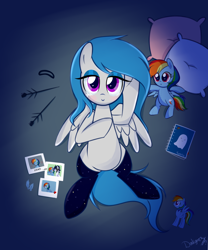 Size: 2000x2400 | Tagged: safe, artist:darkynez, rainbow dash, soarin', oc, oc:spooky glare, pegasus, pony, bedroom eyes, canon x oc, clothes, crying, female, male, plushie, sad, shipping, soarindash, socks, stalker, straight, unrequited