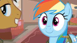 Size: 600x337 | Tagged: safe, screencap, daring do, quibble pants, rainbow dash, pegasus, pony, stranger than fan fiction, animated, cute, dashabetes, discovery family logo, hnnng