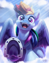 Size: 900x1172 | Tagged: safe, artist:tsitra360, rainbow dash, pegasus, pony, crepuscular rays, female, hoofbump, horseshoes, looking at you, mare, offscreen character, open mouth, pov, signature, solo, underhoof