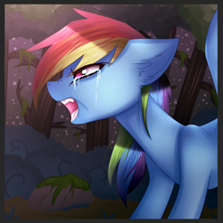 Size: 5000x5000 | Tagged: safe, artist:kurochhi, rainbow dash, pegasus, pony, absurd resolution, angry, crying, everfree forest, floppy ears, glare, nose wrinkle, open mouth, solo, spread wings