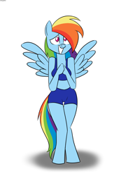 Size: 1350x1950 | Tagged: safe, artist:mofetafrombrooklyn, rainbow dash, anthro, clothes, midriff, shorts, solo, sports bra