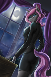 Size: 1001x1501 | Tagged: safe, artist:d-lowell, oc, oc only, oc:victoria vanity, anthro, bat pony, hybrid, unicorn, anthro oc, bat pony unicorn, clothes, fangs, female, looking at you, skirt, solo, tube skirt