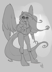 Size: 870x1200 | Tagged: safe, artist:atryl, oc, oc only, oc:wild spice, anthro, unguligrade anthro, clothes, jacket, sketch, solo, sunglasses, unshorn fetlocks, wind