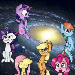 Size: 512x512 | Tagged: safe, artist:vicky181, applejack, fluttershy, pinkie pie, rainbow dash, rarity, twilight sparkle, earth pony, pegasus, pony, unicorn, galaxy, giant pony, macro, mane six, pony bigger than a galaxy, pony bigger than a planet, space