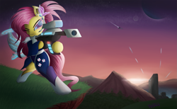 Size: 1625x1000 | Tagged: safe, artist:tyzain, fluttershy, pegasus, pony, future, gun, outfit, weapon