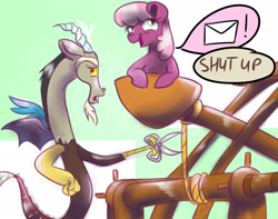 Size: 1900x1500 | Tagged: safe, artist:redheadfly, cheerilee, discord, draconequus, earth pony, pony, awesome face, catapult, context is for the weak, envelope, rope, scissors, speech bubble, wat