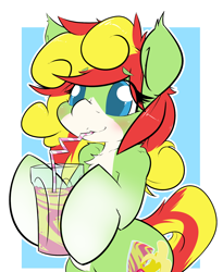 Size: 1350x1650 | Tagged: safe, artist:bbsartboutique, oc, oc only, oc:mango tango, pony, bipedal, blushing, cup, cute, drinking, fluffy, hoof hold, male, smiling, smoothie, solo, straw, trap