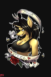 Size: 1000x1500 | Tagged: safe, artist:metalfoxxx, oc, oc only, oc:amber steel, anthro, unicorn, black hair, breasts, cigarette, cleavage, female, flower, rose, solo, wrench