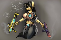 Size: 1933x1281 | Tagged: safe, artist:metalfoxxx, oc, oc only, oc:amber steel, anthro, unicorn, big breasts, borderlands, breasts, clothes, female, gun, handsome jack, solo, weapon