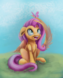 Size: 1097x1363 | Tagged: safe, artist:insanerobocat, fluttershy, butterfly, pegasus, pony, floppy ears, looking up, open mouth, sitting, solo