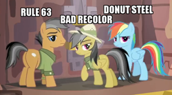 Size: 730x404 | Tagged: safe, edit, edited screencap, screencap, daring do, quibble pants, rainbow dash, earth pony, pegasus, pony, stranger than fan fiction, caption, donut steel, female, image macro, impact font, male, mare, meme, meta, recolor, stallion