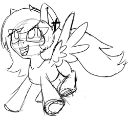 Size: 491x451 | Tagged: safe, artist:partylikeanartist, oc, oc only, oc:windy spirit, pegasus, pony, collarbone, ear piercing, earring, female, flying, horseshoes, jewelry, looking up, monochrome, open mouth, piercing, sketch, smiling, solo, wip