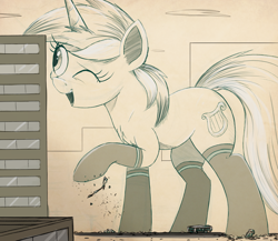 Size: 1500x1302 | Tagged: safe, artist:ncmares, lyra heartstrings, pony, big-pon, building, bus, city, clothes, destruction, giant pony, macro, monochrome, one eye closed, open mouth, sketch, socks, solo