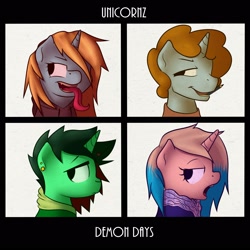 Size: 1600x1600 | Tagged: safe, artist:timidwithapen, oc, oc only, oc:chazmazda, oc:drawalot, pony, unicorn, album cover, clothes, demon days, gorillaz, ponified album cover