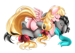 Size: 2334x1643 | Tagged: safe, artist:pridark, oc, oc only, oc:dream whisper, oc:sparks, blushing, clothes, cuddling, female, kissing, male, oc x oc, on back, plot, ribbon, scarf, shipping, simple background, snuggling, straight, transparent background