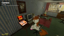 Size: 1920x1080 | Tagged: safe, screencap, oc, oc only, oc:mitchy, pony, 3d, chair, clock, computer, crt monitor, duke nukem 3d, gmod, half-life, hud, painting, sitting, sofa, television, unshorn fetlocks