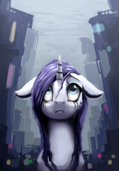 Size: 837x1200 | Tagged: safe, artist:28gooddays, rarity, pony, unicorn, building, chess piece, floppy ears, knight, looking up, makeup, running makeup, solo, wet, wet mane, wet mane rarity