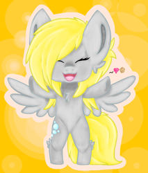 Size: 512x600 | Tagged: safe, artist:azorukon, derpy hooves, pony, bipedal, chest fluff, ear fluff, eyes closed, heart, incoming hug, open mouth, solo, spread wings