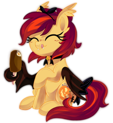 Size: 1600x1741 | Tagged: safe, artist:spookyle, oc, oc only, oc:pumpkin bell, bat pony, pony, bell, bell collar, collar, digital art, eating, food, freckles, hair bow, ice cream, licking, licking lips, neck bow, popsicle, solo, tail bow, tongue out, wing hands