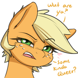 Size: 1200x1200 | Tagged: safe, artist:captainpudgemuffin, applejack, earth pony, pony, alternate hairstyle, bigotjack, dialogue, explicit source, female, freckles, homophobia, mare, open mouth, out of character, pixie cut, reaction image, simple background, slur, solo, white background