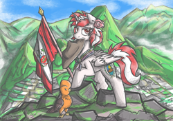 Size: 1200x847 | Tagged: safe, artist:flutterthrash, oc, oc:princess peruvia, alicorn, bird, pony, flag, hat, incan, macchu picchu, mouth hold, nation ponies, peru, ponified, south america