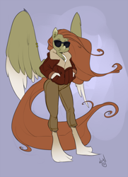 Size: 870x1200 | Tagged: safe, artist:atryl edits, edit, oc, oc only, oc:wild spice, anthro, pegasus, unguligrade anthro, bomber jacket, clothes, ear piercing, jacket, piercing, solo, sunglasses, unshorn fetlocks, wind, wing piercing