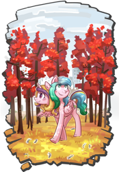 Size: 1024x1471 | Tagged: safe, artist:kyaokay, oc, oc only, oc:double mind, oc:power plant, alicorn, autumn, chernobyl, conjoined, red, red forest, smiling, tree, two, walking
