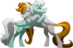 Size: 1057x694 | Tagged: safe, artist:longmuzzlepony, oc, oc only, oc:golden rain, oc:hurricane, best friends, couple, hug, shipping, two