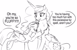 Size: 5100x3300 | Tagged: safe, artist:silfoe, princess luna, twilight sparkle, twilight sparkle (alicorn), alicorn, pony, black and white, chest fluff, cute, dialogue, female, fluffy, grayscale, impossibly large chest fluff, lesbian, mare, monochrome, other royal book, raised hoof, royal sketchbook, shipping, simple background, speech bubble, twiluna, white background