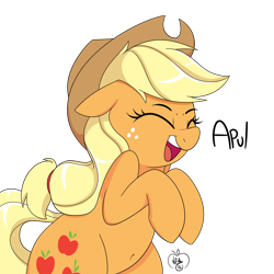 Size: 1000x1000 | Tagged: safe, artist:notenoughapples, applejack, earth pony, pony, appul, belly button, cute, eyes closed, female, freckles, hat, jackabetes, mare, open mouth, solo, that pony sure does love apples