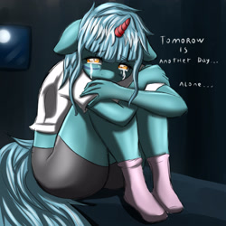 Size: 3000x3000 | Tagged: safe, artist:sixpathsoffriendship, oc, oc only, oc:safesleep, anthro, bed, clothes, crying, five nights at freddy's 4, lonely, moon, sad, socks, solo, text