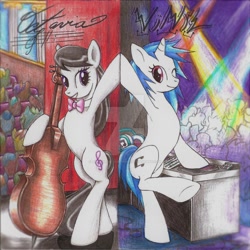Size: 1024x1026 | Tagged: safe, artist:annemarie-josephine, dj pon-3, octavia melody, vinyl scratch, earth pony, pony, unicorn, cello, duo, musical instrument, one eye closed, signature, sketch, stage, traditional art, turntable