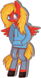 Size: 528x993 | Tagged: safe, artist:kyaokay, oc, oc only, oc:sunrise tune, semi-anthro, clothes, glasses, hoodie, simple background, transparent background