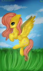 Size: 600x1000 | Tagged: safe, artist:anuhanele, fluttershy, pegasus, pony, cloud, flying, grass, solo