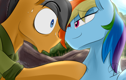 Size: 1700x1080 | Tagged: safe, artist:phuocthiencreation, quibble pants, rainbow dash, pegasus, pony, stranger than fan fiction, faic, scene interpretation, smug, smugdash