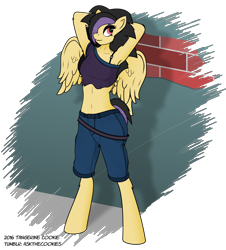 Size: 1280x1413 | Tagged: safe, artist:askthecookies, oc, oc only, oc:licorice cookie, anthro, pegasus, unguligrade anthro, anthro oc, arm behind head, armpits, belly button, bra strap, brick wall, clothes, eyeliner, midriff, short shirt, solo, wings