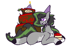 Size: 1280x832 | Tagged: safe, artist:somefrigginnerd, oc, oc only, oc:vozzii, pony, unicorn, birthday, birthday cake, cake, cherry, food, hat, male, party hat, plate, prone, simple background, smug, socks (coat marking), solo, transparent background, woodman