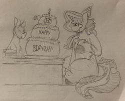 Size: 1280x1040 | Tagged: safe, artist:somefrigginnerd, oc, oc only, oc:vozzii, pony, unicorn, birthday, birthday cake, cake, chest fluff, duo, food, generic pony, hat, male, monochrome, party hat, pencil drawing, plate, prone, simple background, sitting, sketch, smug, socks (coat marking), traditional art, woodman