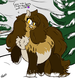 Size: 1235x1280 | Tagged: safe, artist:somefrigginnerd, oc, oc only, oc:gadget flare, pony, unicorn, belly, chest fluff, dialogue, fat, female, fluffy, huge belly, one hoof raised, outdoors, snow, socks (coat marking), solo, talking to viewer, tree, winter, winter coat