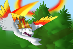 Size: 3200x2132 | Tagged: safe, artist:bravefleet, oc, oc only, oc:brave fleet, pegasus, pony, eyes open, fast, flying, flying fail, flying fast, scared, solo, sonic boom, sonic rainboom, tail feathers, tree, wings