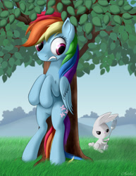 Size: 2400x3111 | Tagged: safe, artist:awalex, angel bunny, rainbow dash, pegasus, pony, magical mystery cure, badass, bipedal, cutie mark swap, duo, fork, hiding, scared, swapped cutie marks, tree