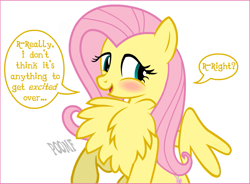 Size: 793x583 | Tagged: safe, artist:flash equestria photography, fluttershy, pegasus, pony, behaving like a bird, blushing, chest fluff, cute, dialogue, female, fluffershy, impossibly large chest fluff, mare, pomf, shyabetes, single panel, solo
