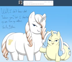 Size: 1300x1110 | Tagged: safe, artist:lesang, oc, oc only, oc:belle bottom, oc:vanilla bottom, pony, unicorn, ask belle bottom, fat, female, filly, huge butt, impossibly large butt, impossibly wide hips, large butt, mother, mother and child, mother and daughter, parent and child, wide hips