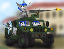 Size: 5692x4387 | Tagged: safe, artist:marcoon1305, artist:wingedthoughts, oc, oc only, oc:sapphire sights, oc:solar chaser, oc:starlight storm, oc:wingedthoughts, pegasus, pony, collaboration, absurd resolution, assault rifle, bullet, fear, fire, gun, humvee, m16, m2 machine gun, machine gun, rifle, screaming, smiling, vehicle, weapon