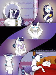 Size: 1200x1600 | Tagged: safe, artist:lesang, opalescence, rarity, pony, unicorn, comic:blood and diamonds, alternate hairstyle, bed, brush, clothes, comic, dialogue, eyes closed, hair curlers, magic, makeup, mirror, nightgown, plot, smiling, telekinesis, towel