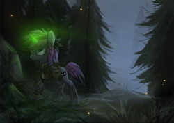 Size: 1032x729 | Tagged: safe, artist:hioshiru, oc, oc only, oc:theo, pony, unicorn, clothes, fog, forest, glowing horn, jacket, solo