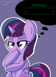 Size: 873x1200 | Tagged: safe, artist:therandomjoyrider, twilight sparkle, twilight sparkle (alicorn), alicorn, pony, :t, animated, blue background, cute, female, frown, lidded eyes, loading, mare, progress bar, raised eyebrow, signature, simple background, sitting, solo, text, thinking, thought bubble