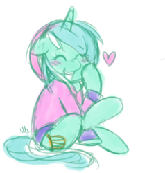 Size: 384x403 | Tagged: artist needed, source needed, safe, lyra heartstrings, pony, unicorn, blushing, clothes, colored sketch, grin, heart, hoodie, simple background, sitting, sketch, smiling, solo, white background