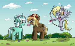 Size: 720x444 | Tagged: safe, artist:xkappax, derpy hooves, lyra heartstrings, pegasus, pony, arrow, big shot, bow (weapon), bow and arrow, crack shipping, cupid, female, lyrashot, male, mare, paparazzi, shipping, straight, weapon